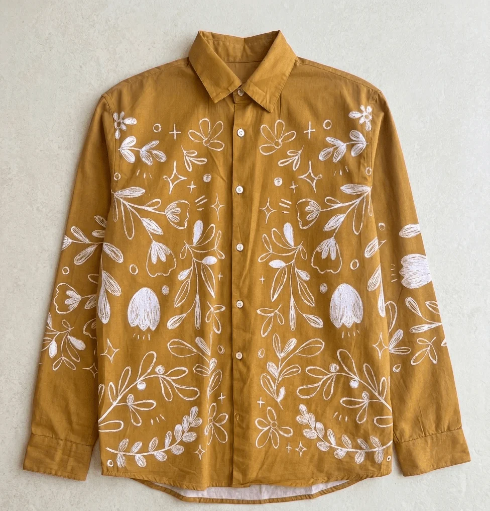 Floral Hand Drawn Print Premium Casual Shirt | Long Sleeve Botanical Button-Down Blouse