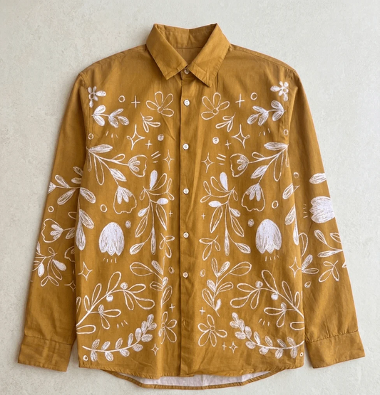 Floral Hand Drawn Print Premium Casual Shirt | Long Sleeve Botanical Button-Down Blouse