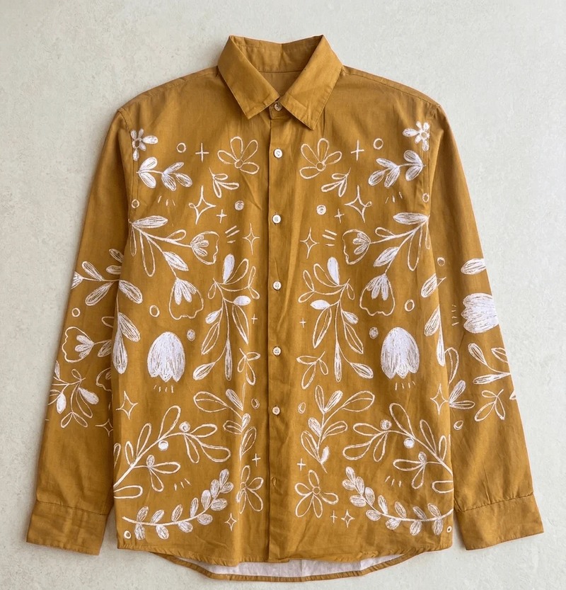 Floral Hand Drawn Print Premium Casual Shirt | Long Sleeve Botanical Button-Down Blouse