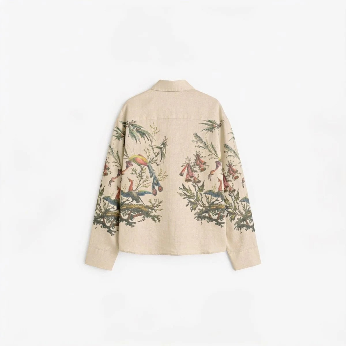 Vintage Botanical Bird Print Oversized Button-Down Shirt | Long Sleeve Casual Linen-Look Blouse
