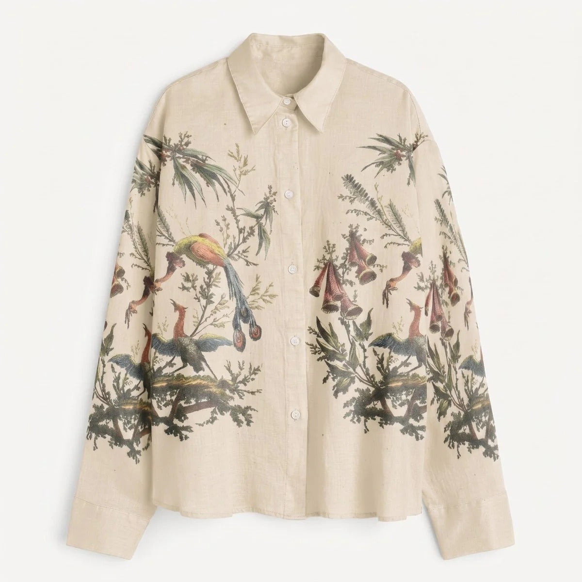 Vintage Botanical Bird Print Oversized Button-Down Shirt | Long Sleeve Casual Linen-Look Blouse